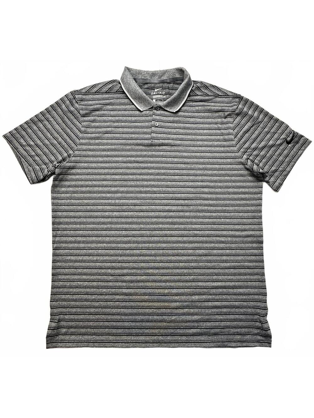Nike Dri-FIT Golf Polo Men’s L Gray Black Striped Performance Stretch Shirt